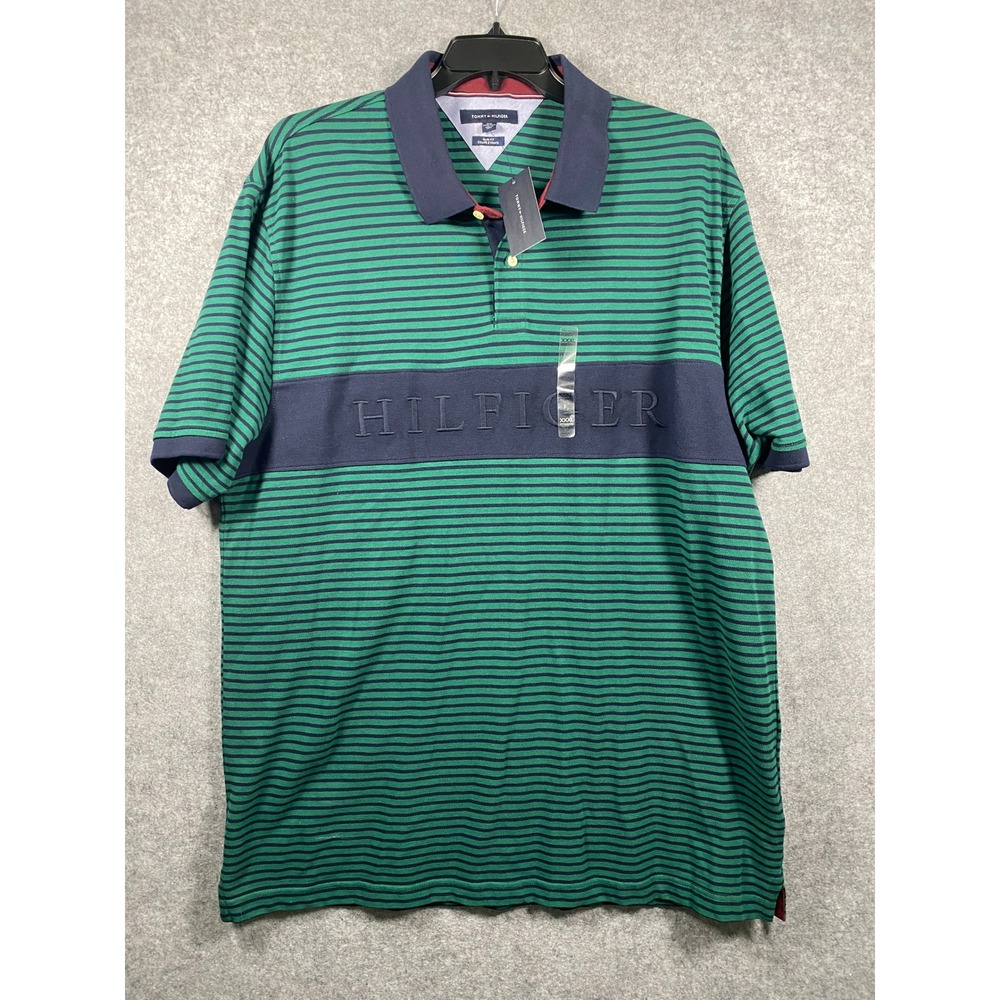 Tommy Hilfiger Mens 3XL Green Navy Blue Striped Slim Fit Polo Shirt 78F2397 304